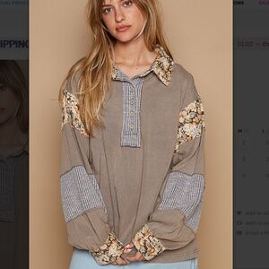 POL 🩶 359 POL Long Sleeve Jersey Top with Flower Pattern Contrast BR29